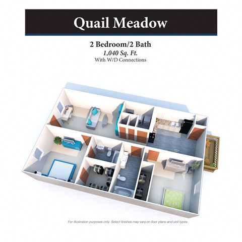 2 bed 2 bath floor plan at Quail Meadow Apartments, Cincinnati, OH